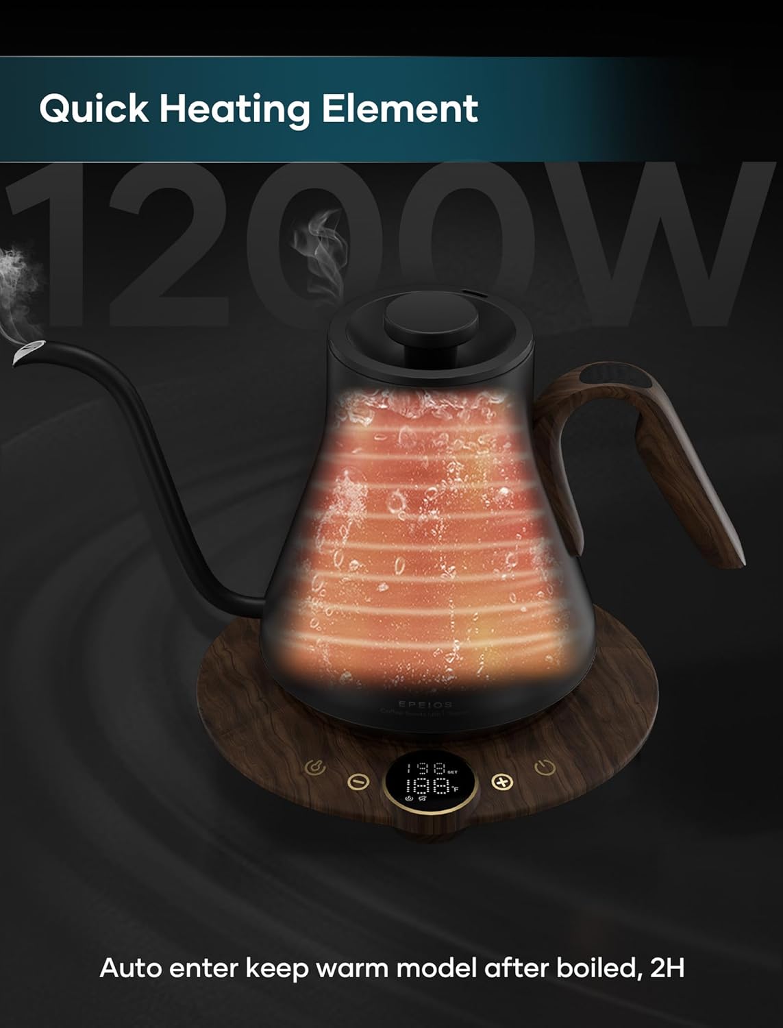 Electric Kettles, INTASTING Gooseneck Electric Kettle, ±1℉ Temperature Control, Stainless Steel Inner, Quick Heating, for Pour Over Coffee, Brew Tea, Boil Hot Water, 1500W/0.9L (Glossy Black)
