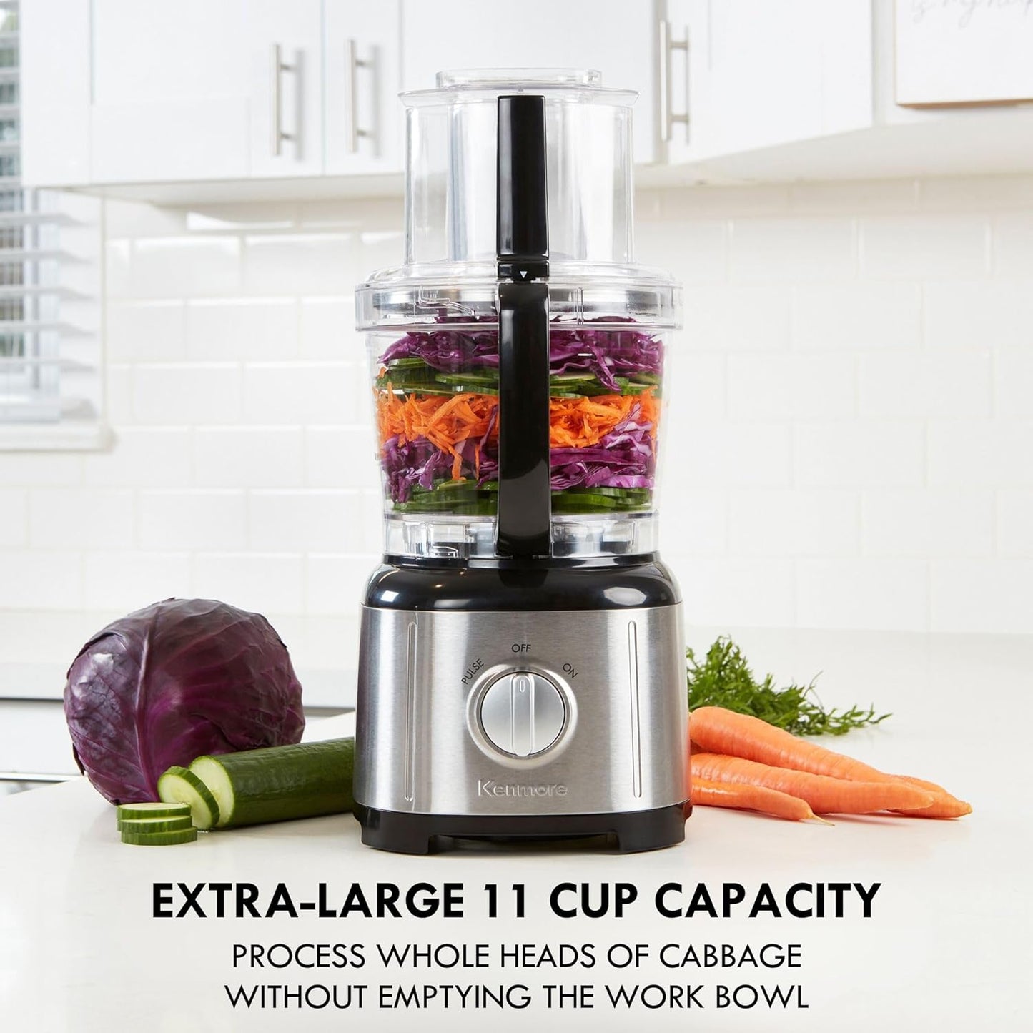Kenmore 11 Cup Food Processor - Vegetable & Fruit Salad Cutter, Multifunctional, 500 W, Chopper, Slicer, Mincer, Puree, Grater, Blades, Shredder, Compact Stainless Steel Kitchen Appliances, Black