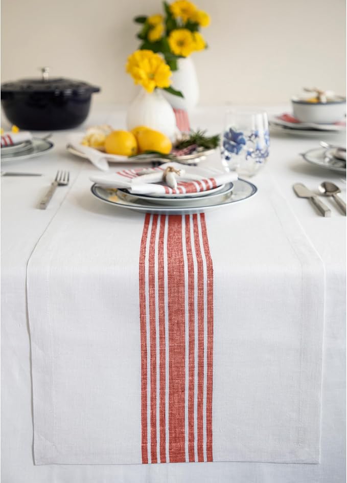 Solino Home Linen Table Runner 108 Inches Long - 100% Pure Linen Red and White Farmhouse Table Runner 14 x 108 Inch for Dining, Christmas, Holiday, Winter, New Year