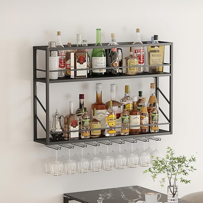 Wall Mounted Wine Rack 2 Tier, Metal Bar Liquor Shelves and Glass Holder,Wall Bar Shelf Wine Display Storage Holder for Home Bar, Dining Room, Kitchen (47.2×7.8×26in)
