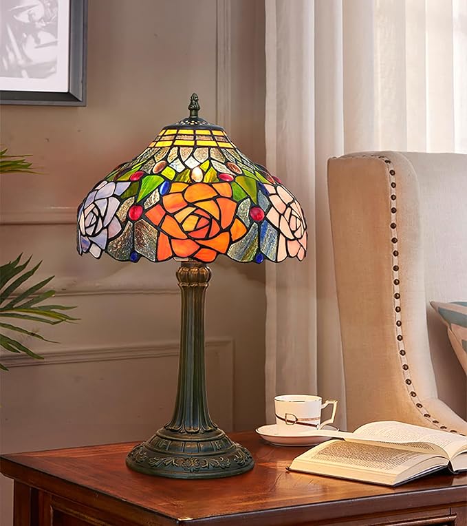 Tiffany Style Stained Glass Lamp Red Orange Purple Pink Rose Table Lamp Bedroom Bedside Reading Desk Light for Living Office Retro Unique Cute Accent Decor 12" Village Gift Nightstand Lamps