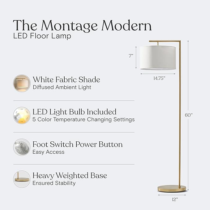 Brightech Montage Modern Floor lamp, LED Floor Lamp for Living Rooms & Offices - Tall Standing Lamp for Bedroom Reading - Corner Pole Lamp for Contemporary Home Decor - Gold, Antique Brass