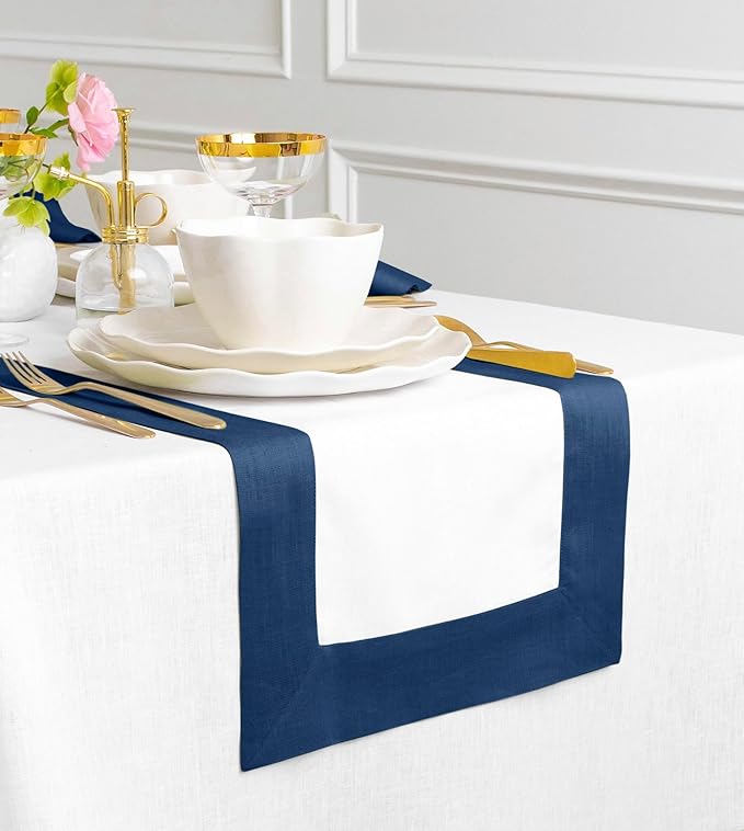 Solino Home Linen Table Runner 120 Inches Long - Indigo Blue and White 100% Pure Linen 14 x 120 Inch Table Runner for Dining - Contempo
