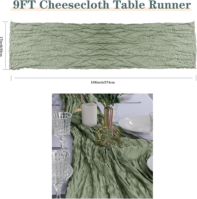 12 Pack Cheesecloth Table Runner 9ft,17 x 108 inch Gauze Table Runner Rustic Romantic Wedding Runner for Wedding Bridal Shower Fall Decoration,Dark Sage Green