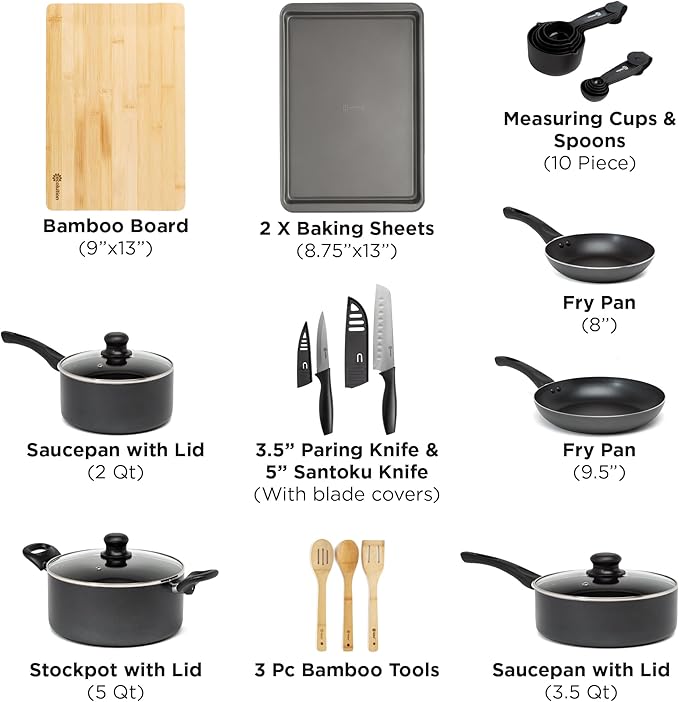 Ecolution Easy Clean Ceramic Nonstick Cookware Set, Dishwasher Safe Kitchen Pots and Pans Set, Comfort Grip Handle, Even Heating, Ultimate Food Release, 26-Piece, Black