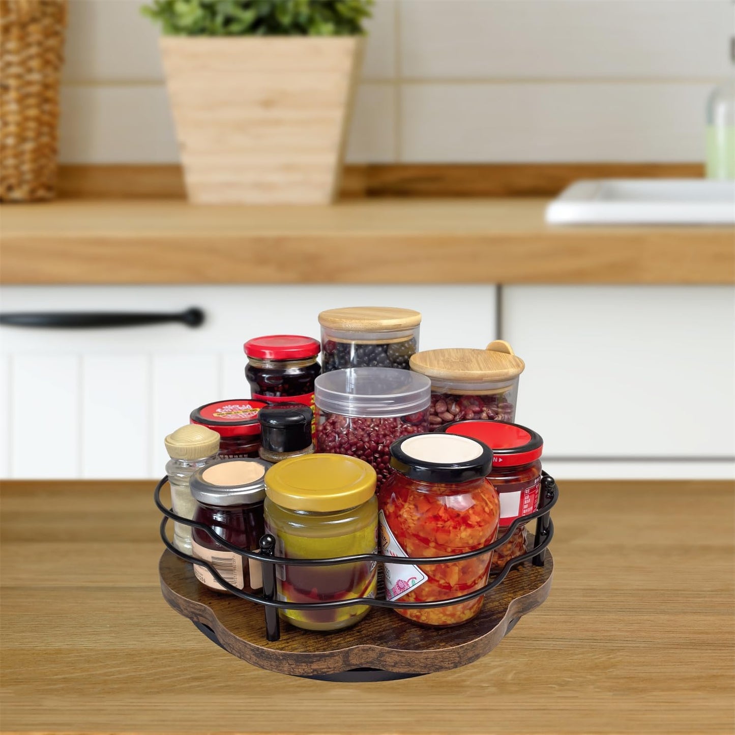Lazy Susan Turntable Organizer with Higher Metal Sides, 11" Wooden Lazy Susan Spice Rack Organization and Storage for Cabinet,Kitchen,Countertop,Table Top,Dining Table,Coffee Bar Decor
