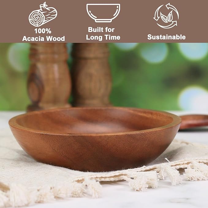 Acacia Wood Serving Bowls, 6 Inch Handcrafted Wooden Individual Bowls Set of 2 for Food/Soup/Salad/Pasta, Use as Snack Holder Plate for Kitchen and Dining