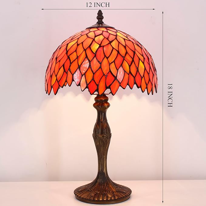 WERFACTORY Tiffany Lamp Stained Glass Table Lamp Red Wisteria Style Desk Bedside Reading Light 12X12X18 Inches Deco Bedroom Living Room Home Office S523R Series (A)
