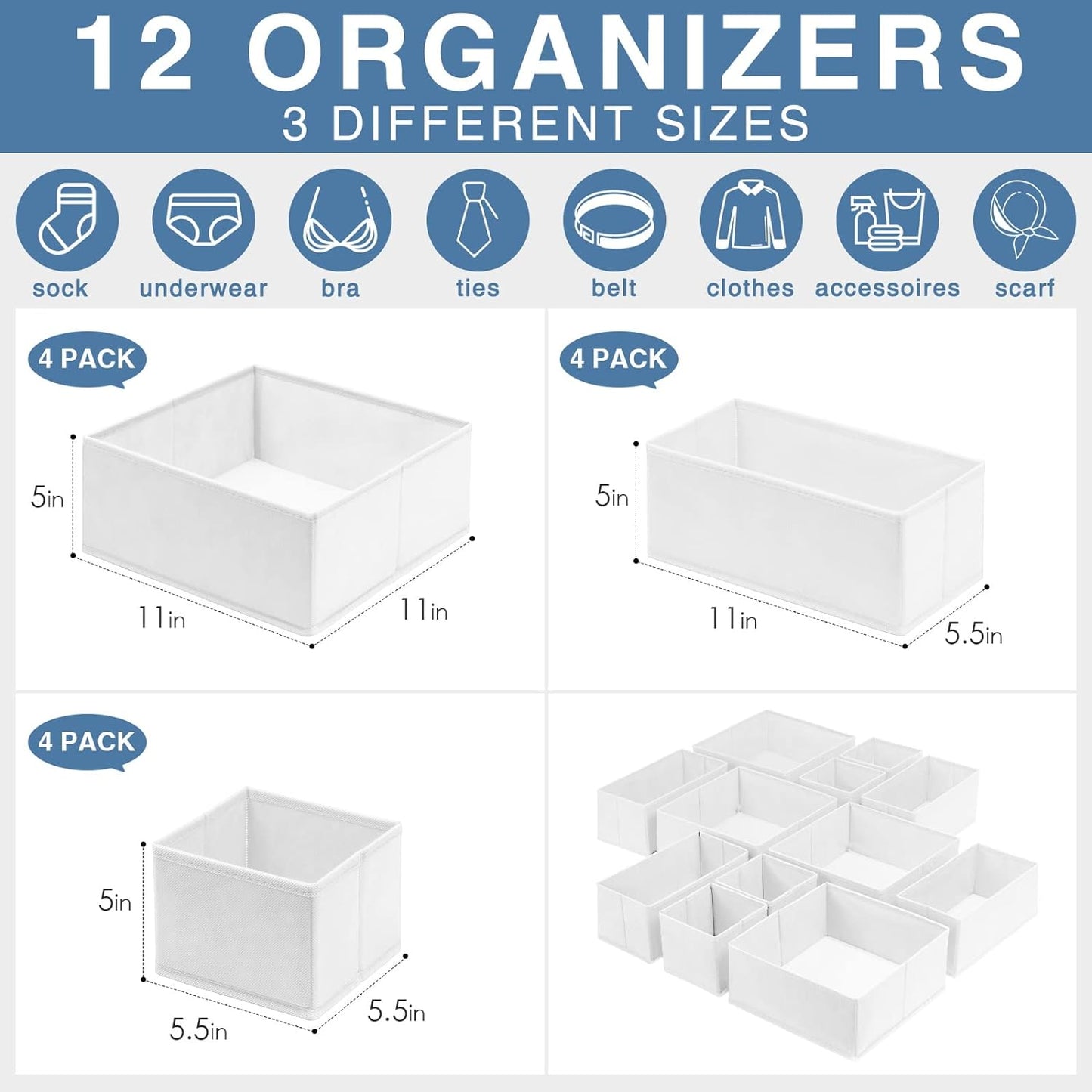 Criusia Drawer Organizer Clothes 12 Pack - Fabric Closet Organizers and Storage for Nursery Organization - Dresser Drawer Dividers for Baby Clothes/Socks/Underwear/Bras - College Dorm Room Essentials