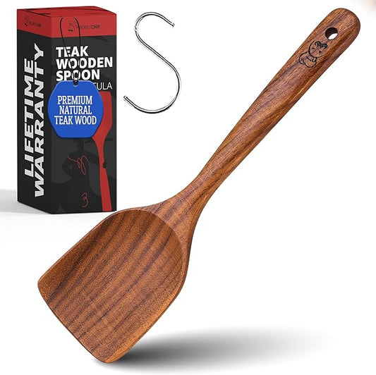 PriorityChef Wooden Wok Spatula - Teak Wood Stir Fry with Long Handle Wooden Spatula, Nonstick Safe and Hand-finished - Durable Cooking Utensil for Kitchen Use, Easy to Clean