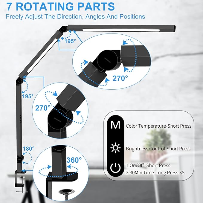 LED Desk Lamp with Clamp, Architect Desk Lamp with Dual Light and Adjustable Swing Arm, Clip-on Eye-Care 4 CCT Modes & 5 Brightness Levels Table Light Modern Computer Lighting for Home Office