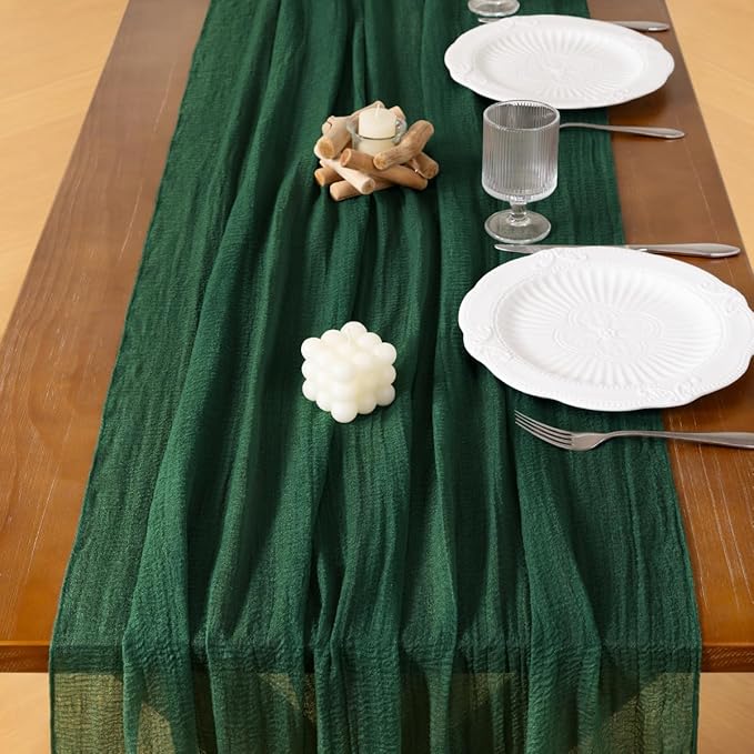 Socomi 6pcs Emerald Green Fall Thanksgiving Cheesecloth Table Runner Gauze 120 Inch Rustic Boho Cheese Cloth Runner for Wedding Party Baby Bridal Shower Centerpiece Decoration Holiday Home Decorations