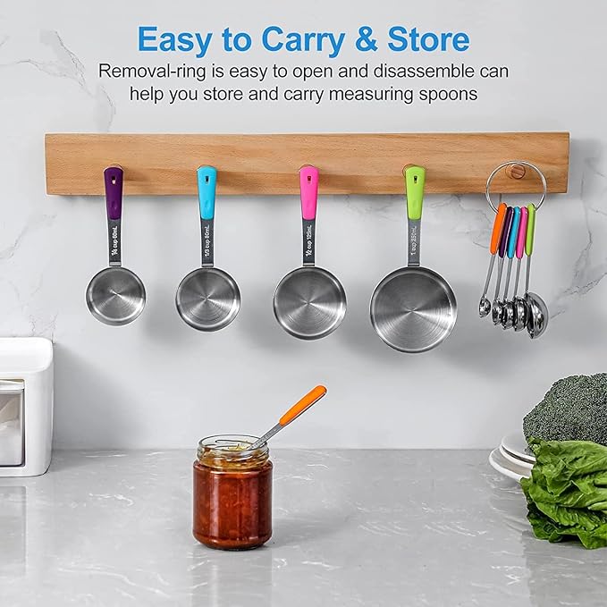 Measuring Cups and Spoons Set Stainless Steel 11 Piece for Cooking and Baking (6 Cups + 5 Spoons, Colorful Handles)
