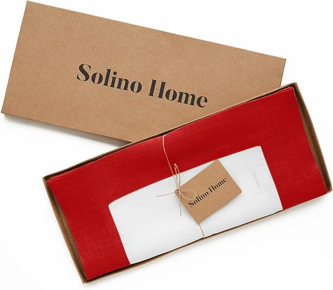 Solino Home Linen Table Runner 48 Inches - 100% Pure Linen Red and White Small Table Runner 14 x 48 Inch Ideal for Dresser and Coffee Tables - Contempo - Christmas, Holiday, Winter, New Year