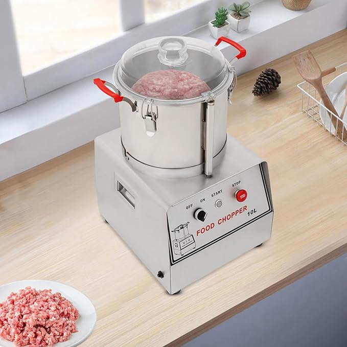 1100W Commercial Food Processor, 10L Stainless Steel Electric Food Chopper Machine, 1400RPM Grinder with Safety Lock & Clear Lid