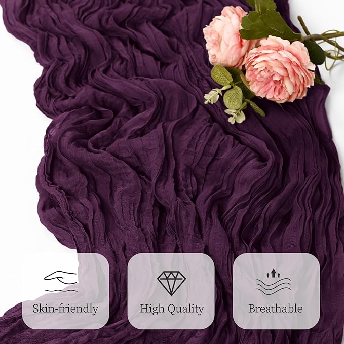 12 Pack Dark Purple Cheesecloth Table Runner 17x108 Inch Semi Sheer Boho Gauze Cheese Cloth Fabric Table Runners, for Wedding Party Baby Shower Birthday Home Decor Garden Farmhouse