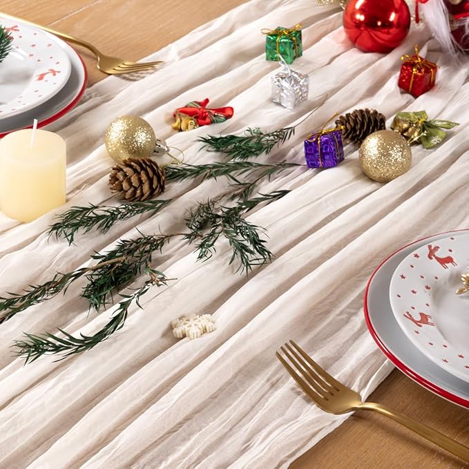 Ivory White Cheesecloth Table Runner 10 Pack Christmas Table Runners Boho Gauze 120 Inches White Cheese Cloth Table Decor for Xmas Holiday Season Parties Weddings Bridal Baby Shower