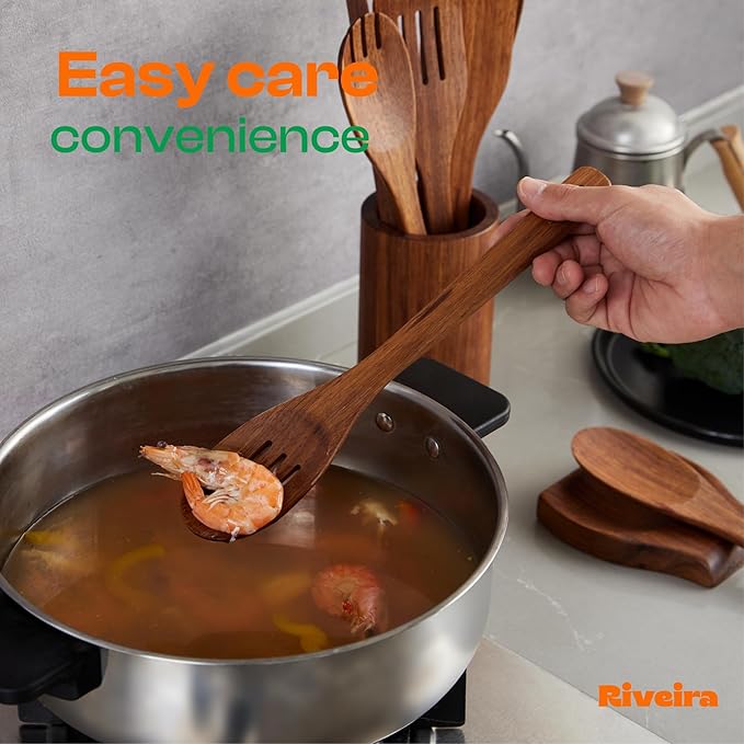 Riveira Teak Wooden Spoons for Cooking Set of 3 – Natural Teak Wooden Cooking Utensils, Wooden Spatula, Wooden Spoon - Premium Quality Utensil Set for Non-Toxic Cooking