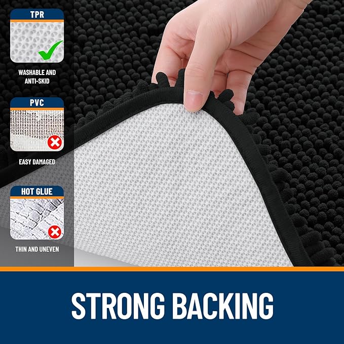 OLANLY Bathroom Rugs 70x24, Extra Soft Absorbent Chenille Bath Rugs, Rubber Backing Quick Dry, Machine Washable Bath Mats for Bathroom Floor, Tub and Shower, Home Decor Accessories, Black