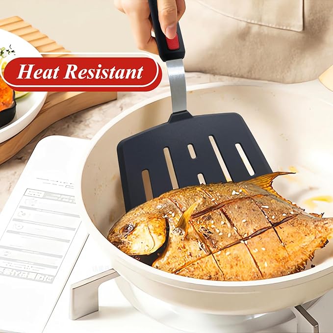 Silicone Spatula Turner, Heat Resistant Pancake Spatulas for Nonstick Cookware Pan, Wide Slotted Cooking Spatula for Frying Omelette, Egg, Fish and Kitchen Use, Thin Flexible Dishwasher Safe, Black