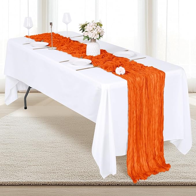 6 Pack Orange Cheesecloth Table Runner 17x108 Inch Semi Sheer Boho Gauze Cheese Cloth Fabric Table Runners, for Wedding Party Baby Shower Birthday Home Decor Garden Farmhouse