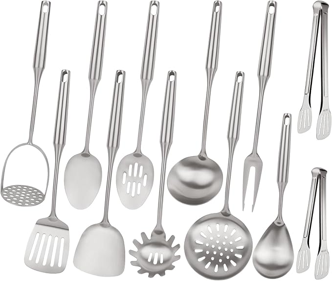 18/10 Stainless Steel Cooking Utensils Set,12pcs Metal Kitchen Utensils Set Dishwasher Safe, Heat Resistant Wok Tools Set for Cooking Enthusiasts