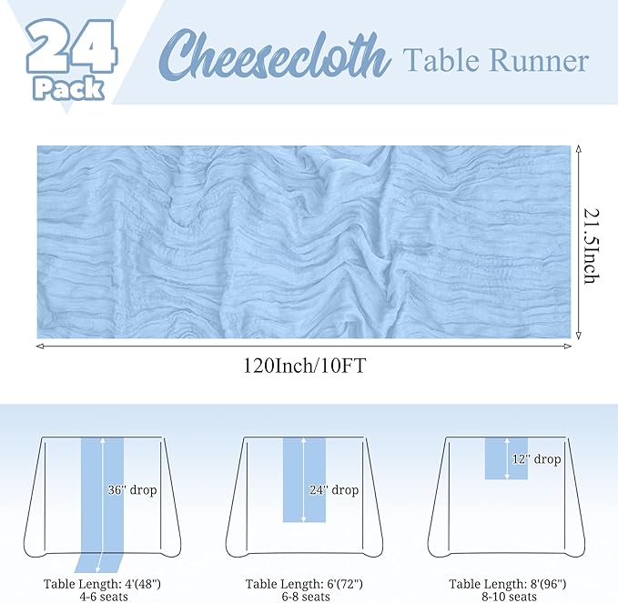 24 Pack Light Blue Table Runner 10Ft Cheesecloth Table Runner Rustic Gauze Table Runners Romantic Long Sheer Fabric Cheese Cloth Table Runners for Wedding Party Bridal Baby Shower