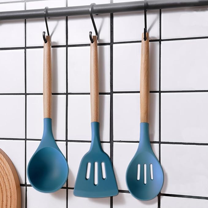 Silicone Cooking Utensils Set 6Pcs Heat Resistant Silicone Kitchen Utensils Set for Cooking Spatula Spoon Turner Ladle w Wooden Handle, BPA FREE Kitchen Gadgets for Nonstick Cookware & Baking