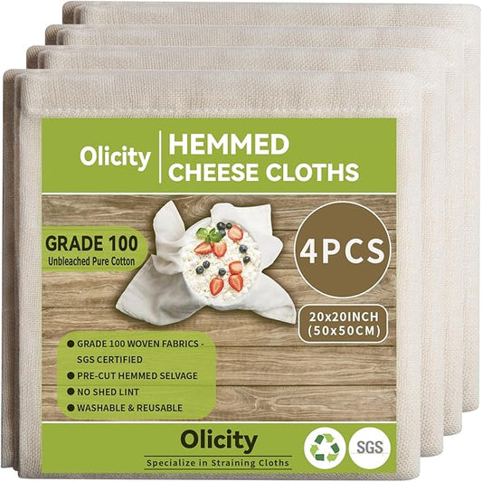 Olicity Cheese Cloths, 4PCS, Grade 100,20x20Inch Hemmed Cheese Cloth Fabric Reusable Fine Mesh Cloth Strainer, 100% Cotton Unbleached Precut Muslin Cheesecloth for Straining, Cooking, Butter,Tea,Tofu