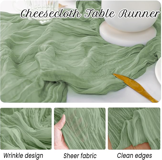 12 Pack Sage Green Table Runner 10FT Cheesecloth Table Runner 21 x 120 inch Boho Gauze Cheese Cloth Table Runner Rustic Sheer Table Runner for Party Wedding Bridal Baby Shower Birthday Table Decor