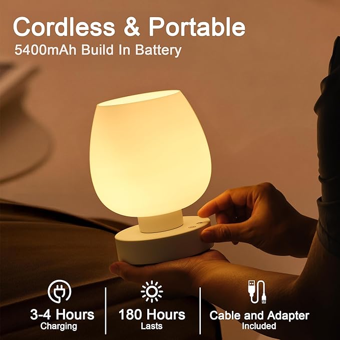 Small Table Lamp Cordless Nightstand Lamp - Rechargeable Modern Bedside Lamp with White Glass Shade, Stepless Dimmable & 8 RGB Colors & Memory, Battery Touch Lamp for Nursery Bedroom Nightstand