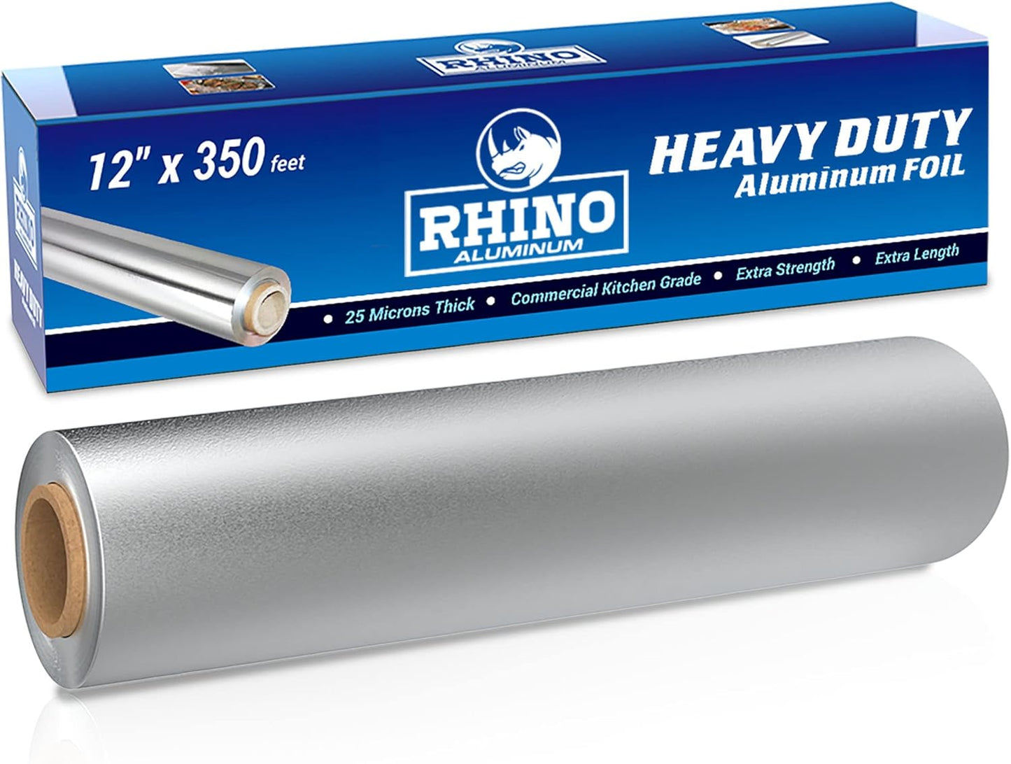 Rhino Aluminum Heavy Duty Aluminum Foil - 12 x 350 sf Long Roll, 25 Microns Thick Foil Heavy Duty Commercial Grade & Extra Thick, Strong Enough for Food Service Industry (Pack of 1)