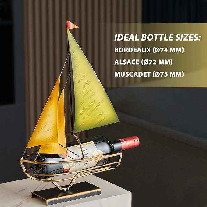Metal Sailboat Wine Rack for Countertop – Decorative Wine Bottle Holder for Kitchen Bar Dining Table, Boat Sculpture Wine Stand Nautical Home Decor (Gold and Green)