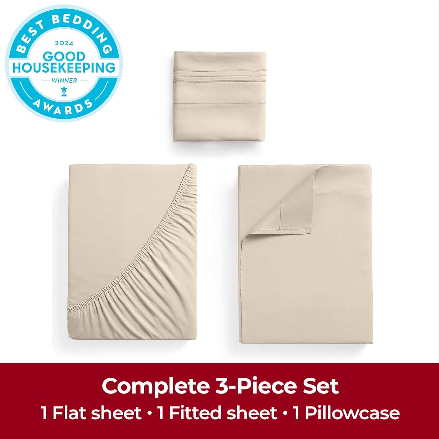 Mellanni Extra Deep Twin Sheets - 3 PC Iconic Collection Bedding - Hotel Luxury, Ultra Soft, Cooling Bed Sheets - Wrinkle, Fade, Stain Resistant (Twin, Beige)