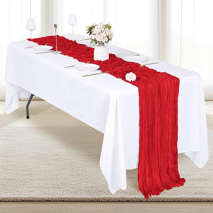 12 Pack Red Cheesecloth Table Runner 17x108 Inch Semi Sheer Boho Gauze Cheese Cloth Fabric Table Runners, for Wedding Party Baby Shower Birthday Home Decor Garden Farmhouse
