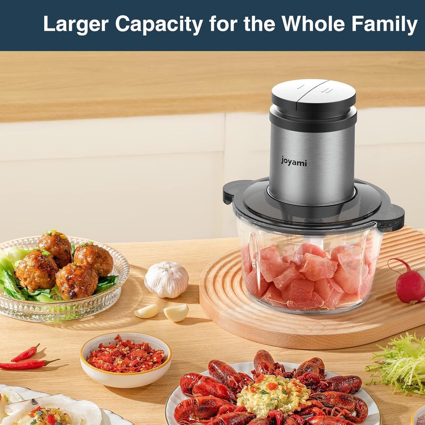 JOYAMI Electric Food Processor with 2 Bowls, Food Chopper Vegetable Meat Grinder, Stainless Steel Blades, 2 Speed