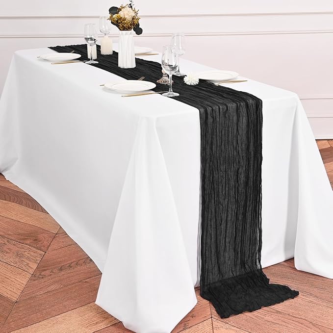 12 Pack Black Table Runner 10Ft Cheesecloth Table Runner Rustic Gauze Table Runners Romantic Long Sheer Fabric Cheese Cloth Table Runners for Wedding Party Bridal Baby Shower