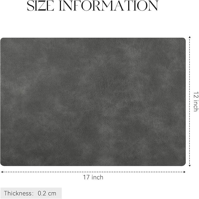MOSAYT Vinyl Placemats Set of 6-12 X 17 Inch - Faux Leather 100% Waterproof Oil-Proof Wipeable PU Place Mats, Heat Resistant Reversible Table Mats for Kitchen, Dining, Outdoor (Dark Grey)