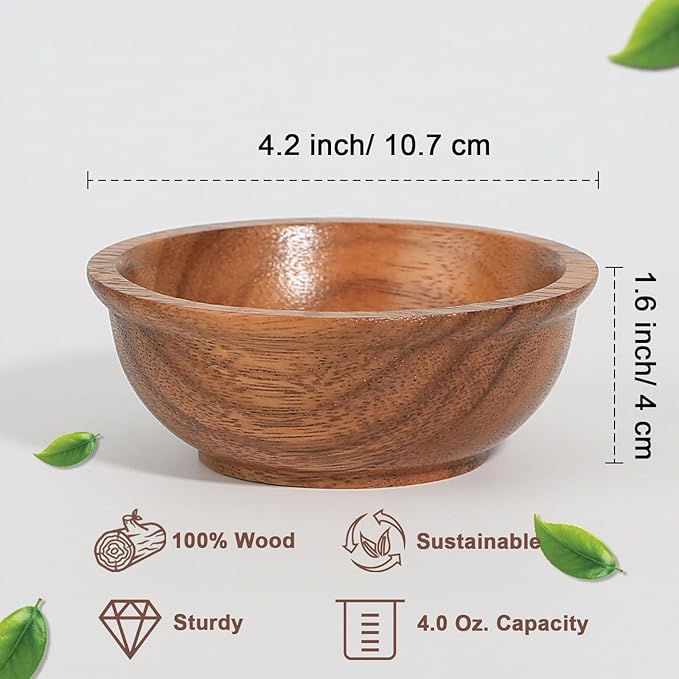Acacia Wooden Bowls, 4 Inch Handcrafted Wood Serving Bowls Set of 2 for Sauce/Dips/Condiments, Mini Farmhouse Side Dishes with Natural Textured for Charcuterie Board/Appetizers