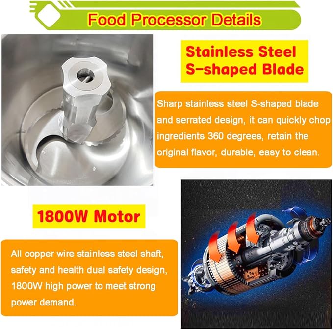 9L Commercial Food Processor Stainless Steel Meat Vegetable Chopper Multifunctional Food Cutter Meat Grinder Meatball Beater 1800W Electric Blender for Fruit Vegetable Grains Garlic