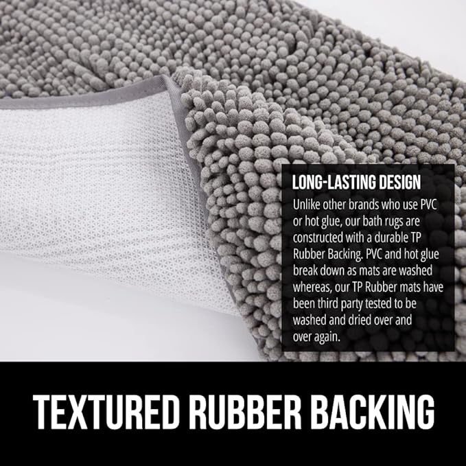 GORILLA GRIP Bath Rug Mat 44x26, Thick Soft Absorbent Chenille, Quick Dry Microfiber Mats, Rubber Backing Washable Shower Floor Rugs, Bathmat Runner, US Designed Bathroom Home Decor Accessories Grey