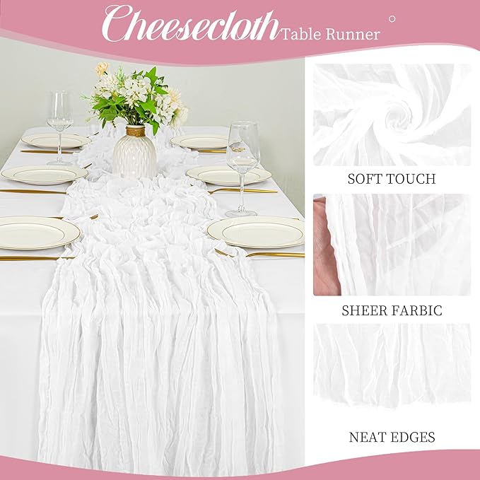 12 Pack 10Ft White Cheesecloth Table Runner 35 x 120 inch Boho Gauze Cheese Cloth Table Runner Vintage Rustic Sheer Runners for Wedding Bridal Shower Birthday Party Cake Table Decorations