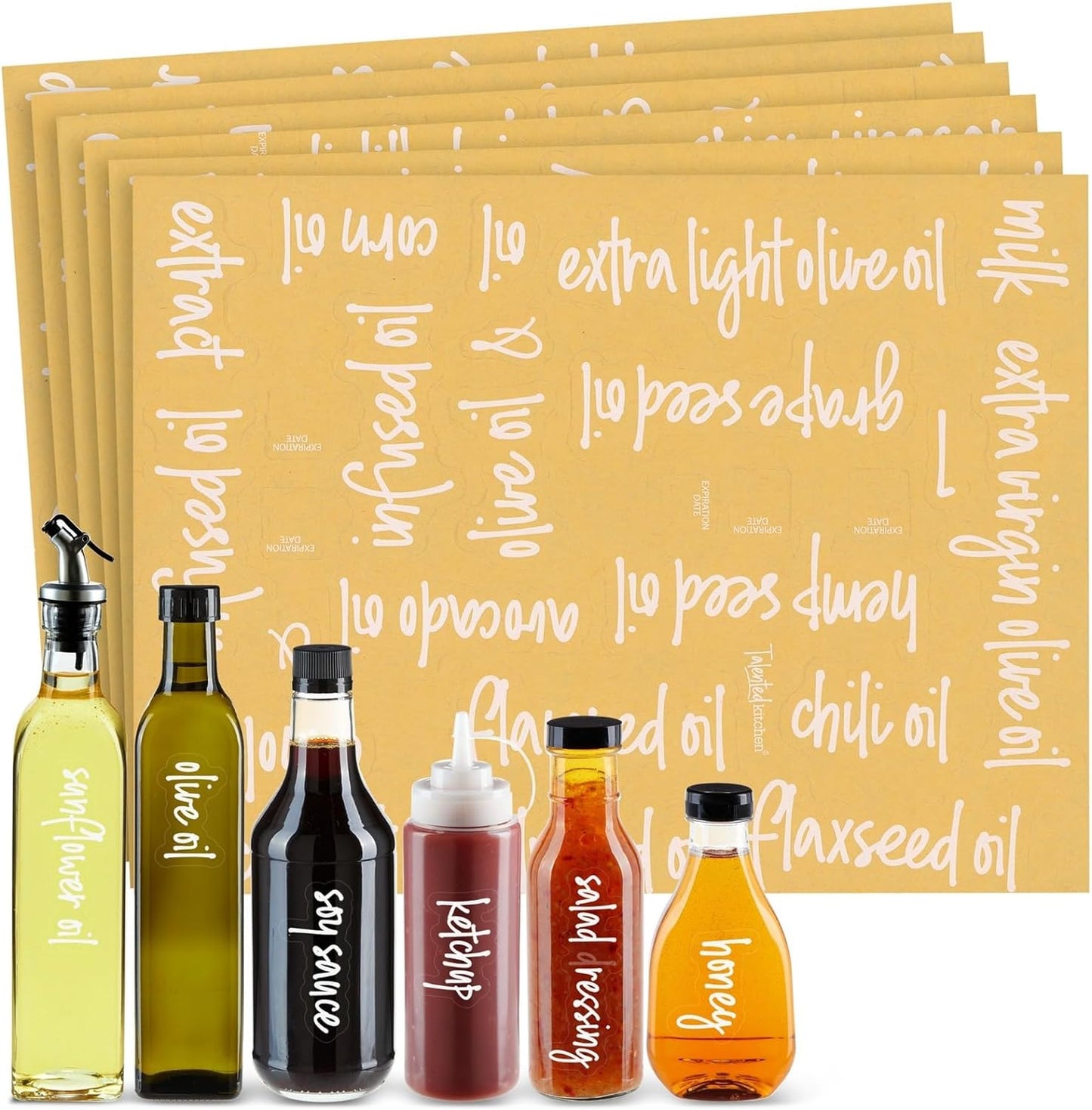 Talented Kitchen Labels for Oil Bottles & Vinegar Dispensers - 132-Count White Vinyl Glossy - Various Sizes - Oil Bottle Stickers & Condiment Labels for Kitchen Organization