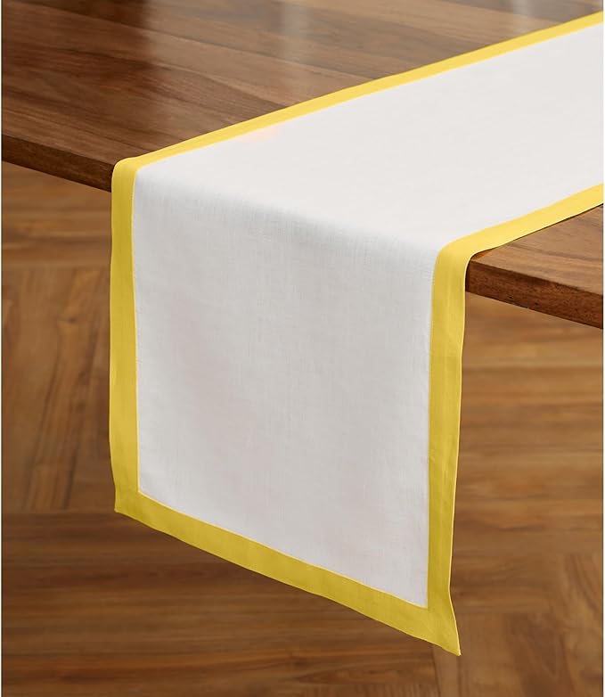 Solino Home Linen Table Runner 108 Inches Long - 100% Pure Linen Sunshine Yellow and White Dining Table Runner 14 x 108 Inch - Classic