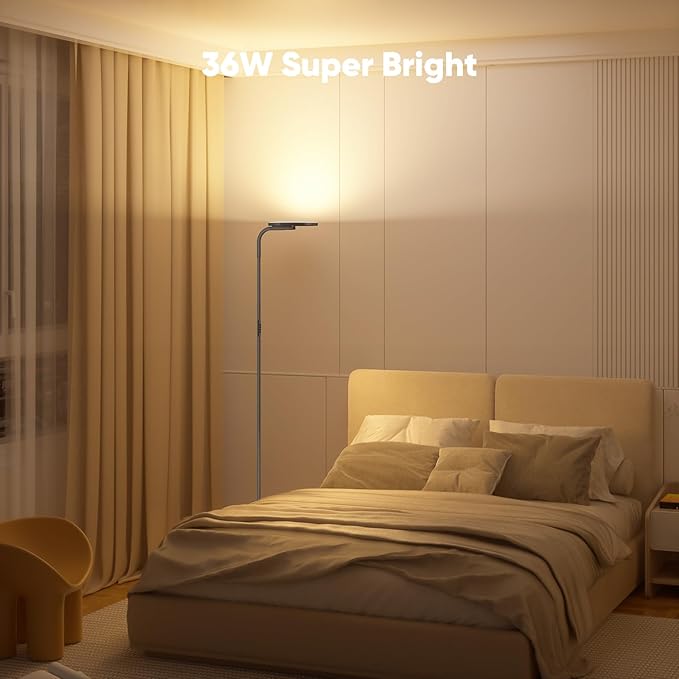 36W LED Floor Lamp, Super Bright Standing Lamp, Modern Stepless Dimmable Torchiere Tall Lamp with Remote Control, 350°Rotating Head Reading Floor Lamp for Living Room, Bedroom, Office - Brown