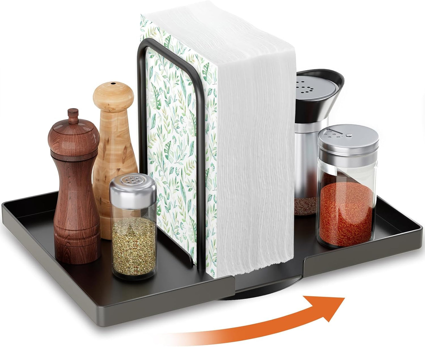 Napkin Holder for Table, Rotating Napkin Dispenser with Salt and Pepper Shakers Storage, Metal Paper Towel Holder for Table, Kitchen Countertop, Dining Table Decor Black Not Including Shakers