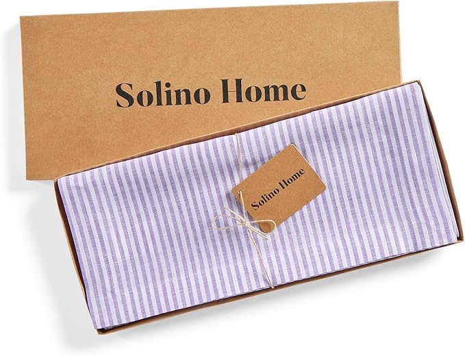 Solino Home Linen Striped Table Runner 60 Inches - Narrow Stripe, 100% Pure Linen Lavender and White Small Table Runner 14 x 60 Inch Ideal for Dresser and Coffee Tables - Christmas, New Year