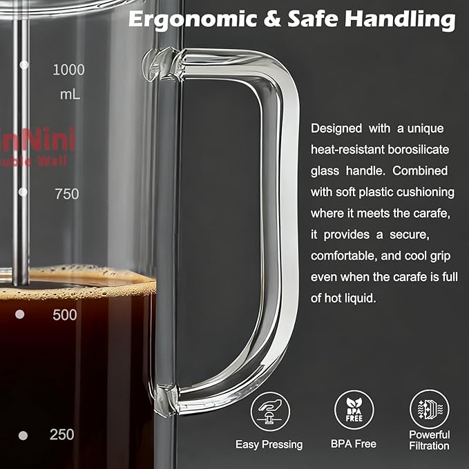 34-Ounce French Press Coffee Maker, Double Wall Borosilicate Glass Carafe with Removable Stainless Steel Filter and Shaft with Enlarged Bamboo Knob and Lid,Heat-Resistant for Coffee and Tea