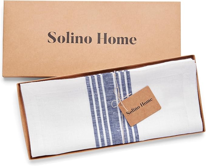 Solino Home Linen Table Runner 60 Inches - 100% Pure Linen Navy and White Farmhouse Table Runner 14 x 60 Inch Ideal for Dresser and Coffee Tables - Christmas, Holiday, New Year