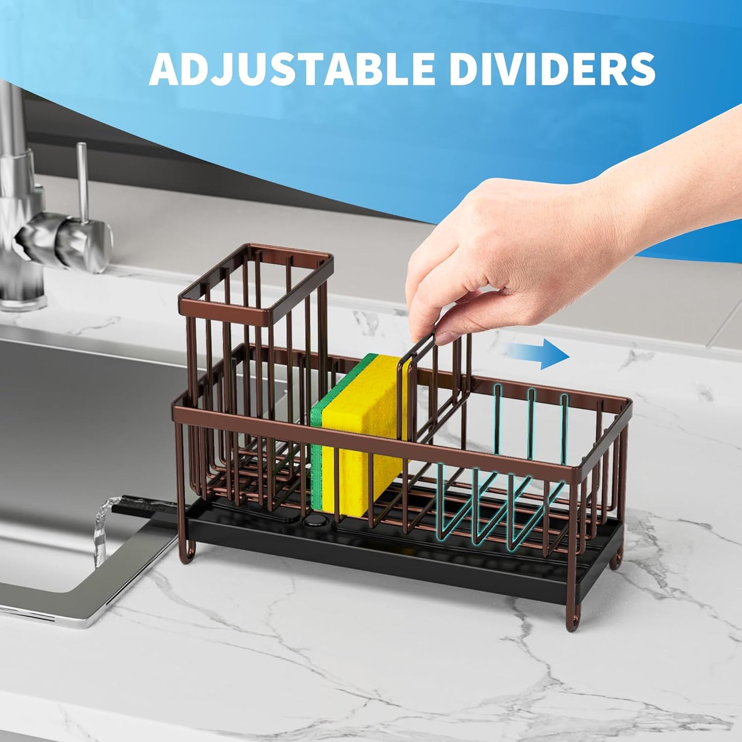 Cisily Brown Sponge Holder for Kitchen Sink, Sink Caddy Organizer with High Brush Holder, Kitchen Countertop Organizers and Storage Essentials, Rustproof 304 Stainless Steel, Soap Dispenser Organize